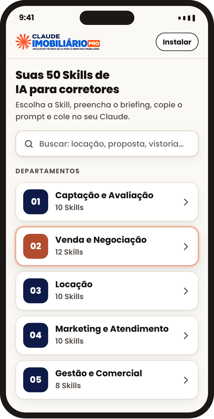 Tela do aplicativo Claude Imobiliário PRO com os 5 departamentos