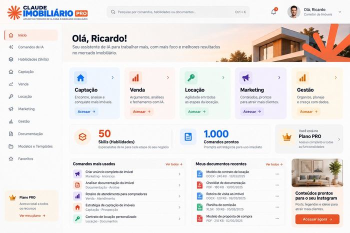 Painel do Claude Imobiliário PRO com os departamentos, Skills e comandos
