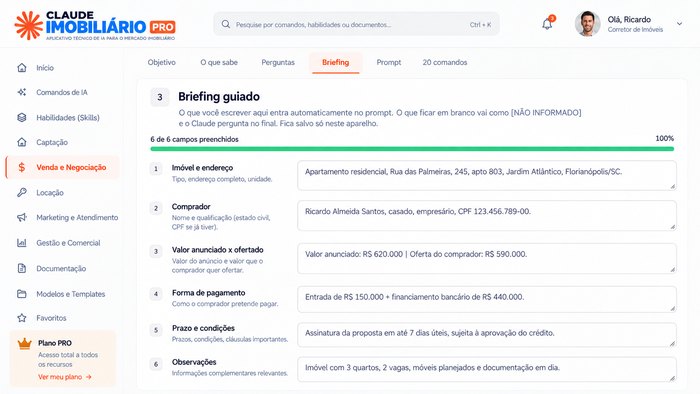 Briefing guiado do aplicativo com os dados do imóvel, do comprador e da proposta preenchidos